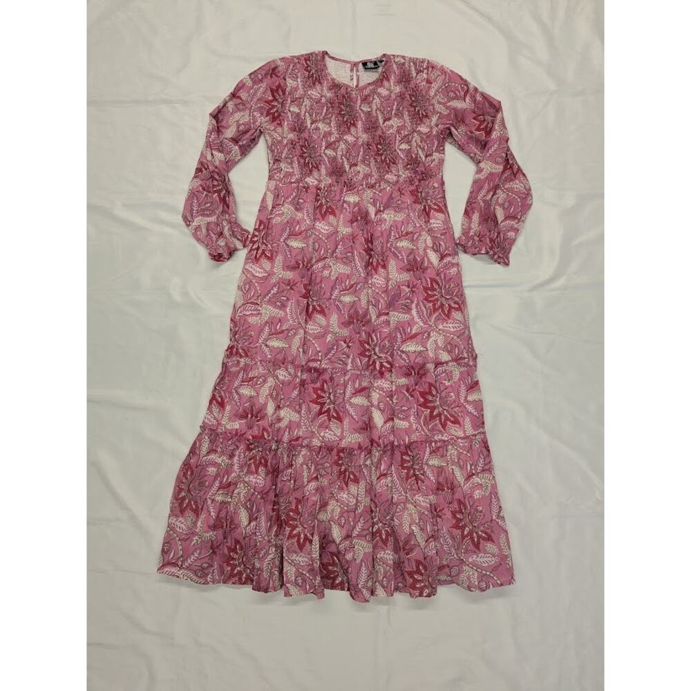Madison Mathews Womens Pink Floral Long Sleeve Smocked Dress Sz Large